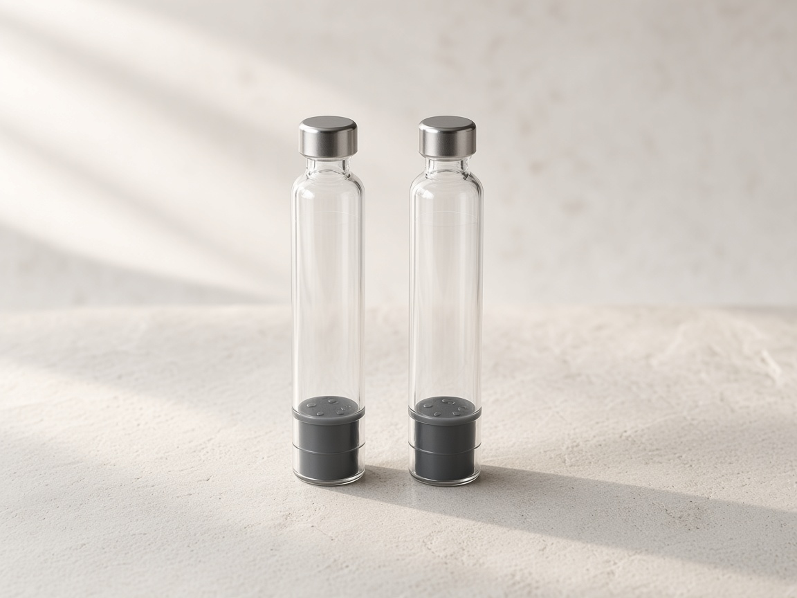 Two glass cartridges on a pale stone surface
