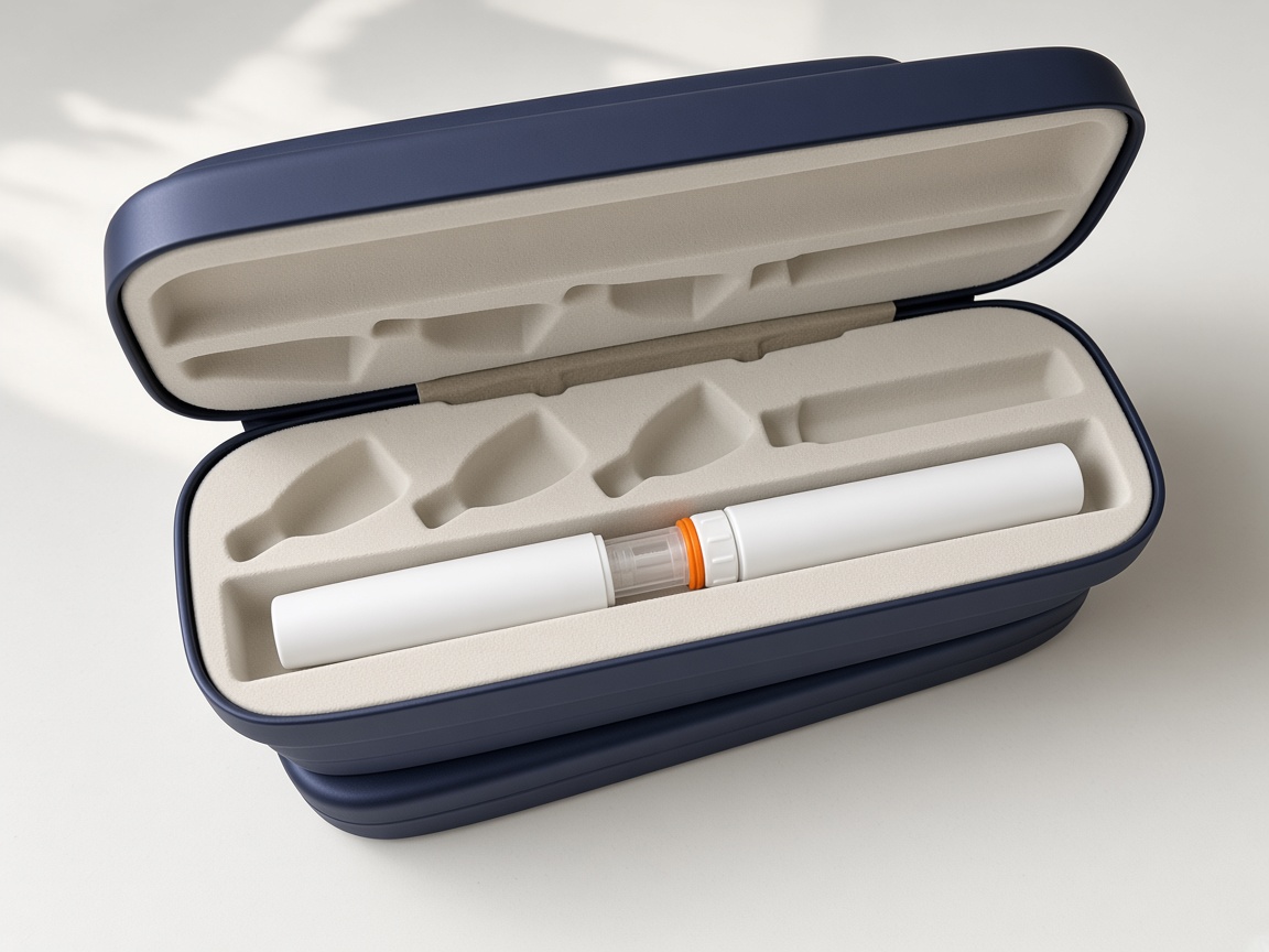 One insulin pen resting in a navy case