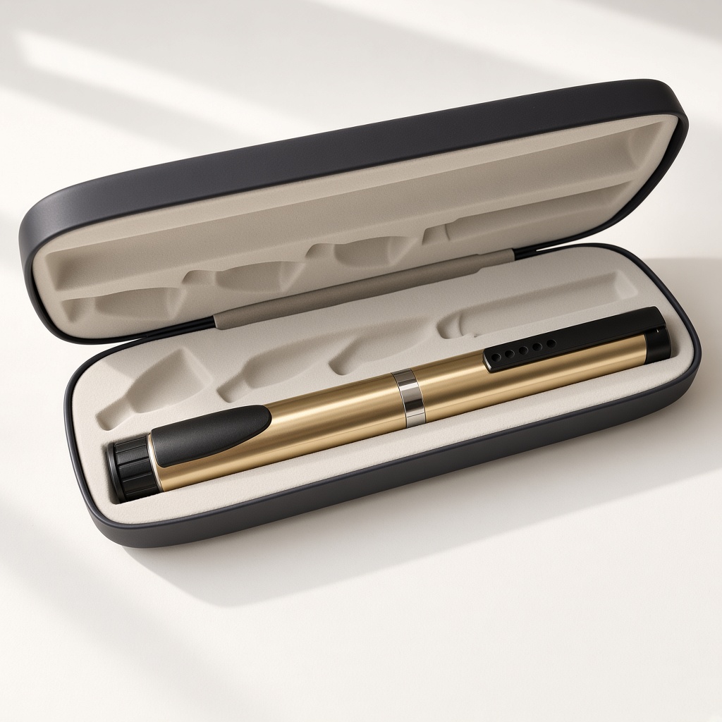 Gold and black insulin pen in an open hard case