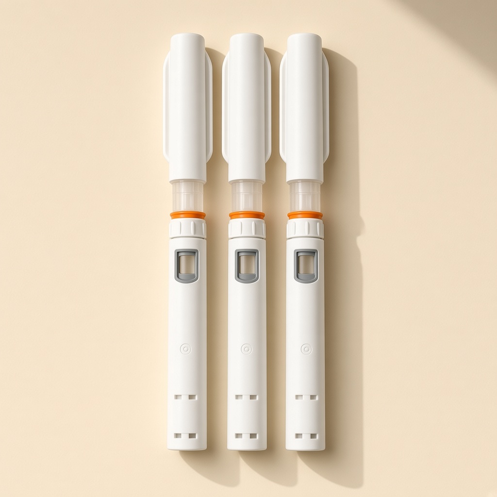 Insulin pens from the range, white with orange collars